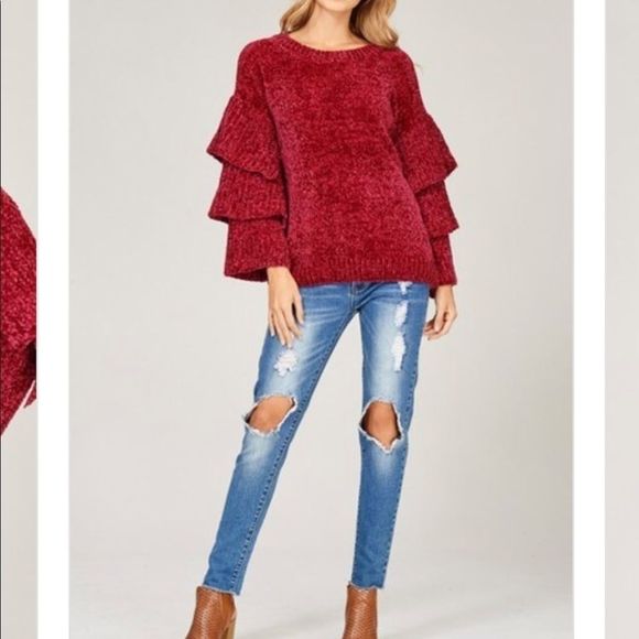 Chenille Pullover Knit Sweater-WINE - Picture 4 of 6